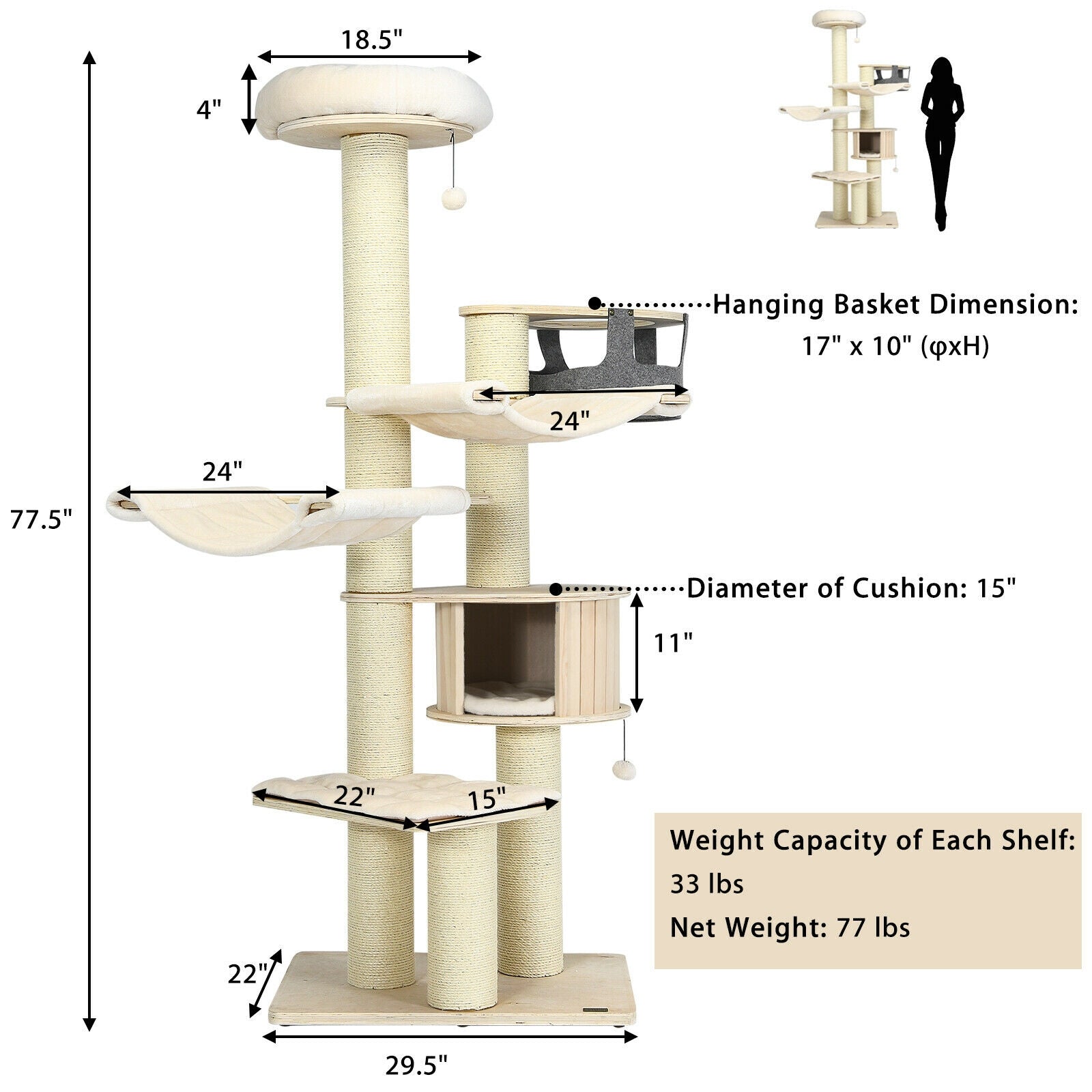 77.5-Inch Cat Tree Condo Multi-Level Kitten Activity Tower with Sisal - view 5