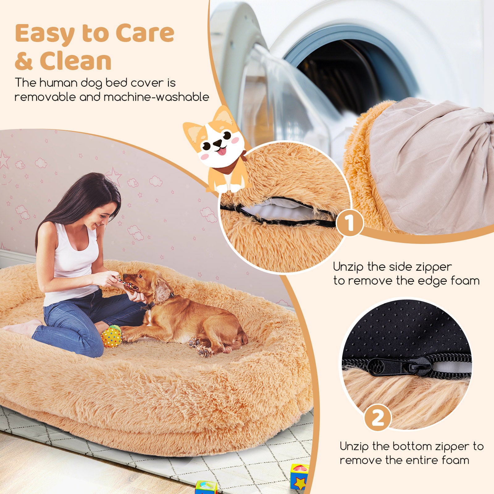 Washable Fluffy Human Dog Bed with Soft Blanket and Plump Pillow - view 8