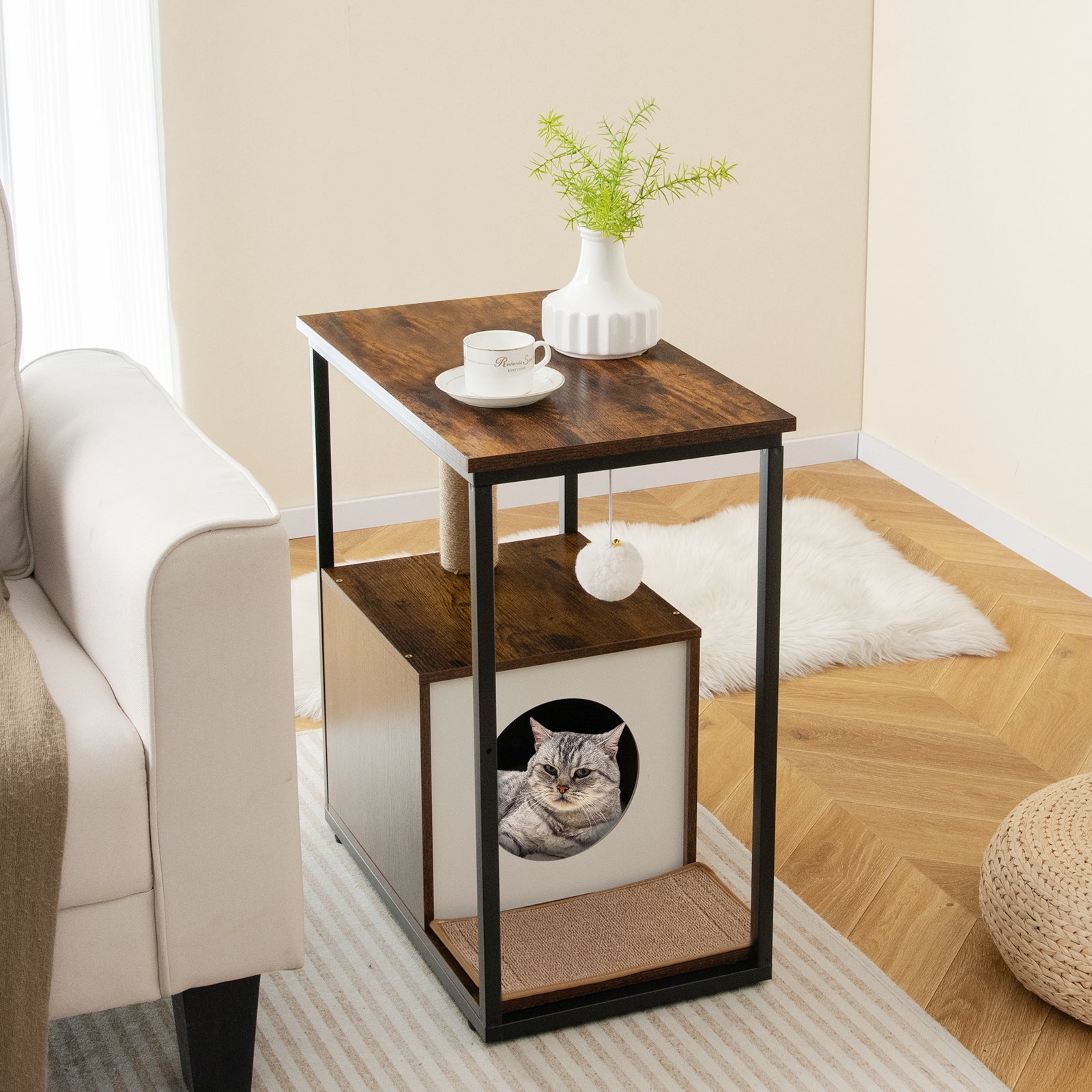 Cat Furniture End Table Cat House with Scratching Post - view 2