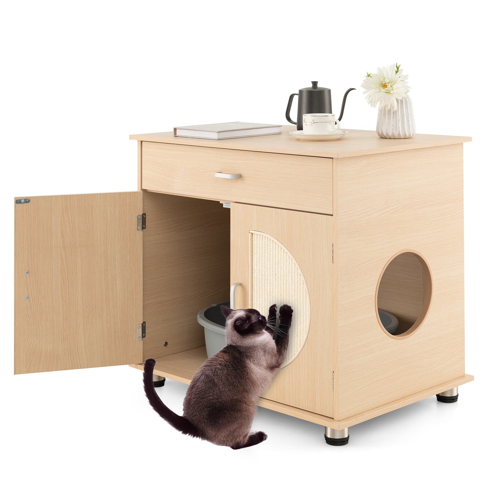 Cat Litter Box Enclosure with Sisal Scratching Doors and Storage Cat House - view 4