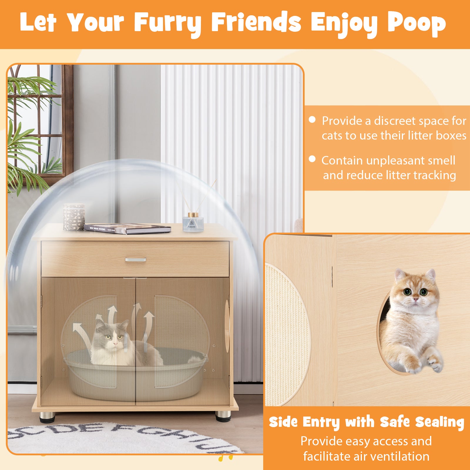 Cat Litter Box Enclosure with Sisal Scratching Doors and Storage Cat House - view 6