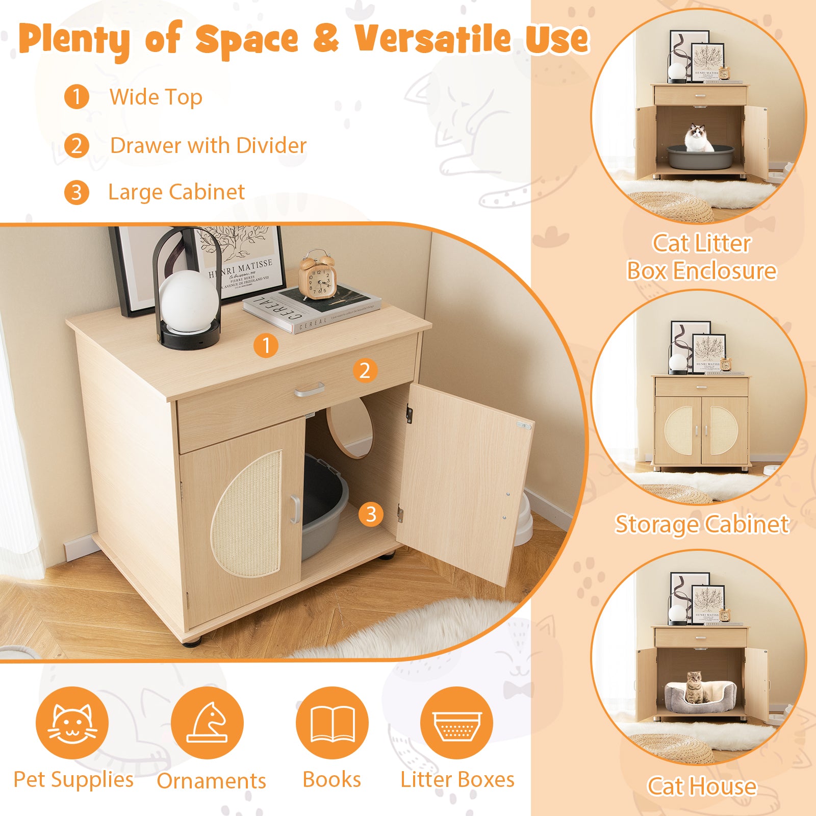 Cat Litter Box Enclosure with Sisal Scratching Doors and Storage Cat House - view 8