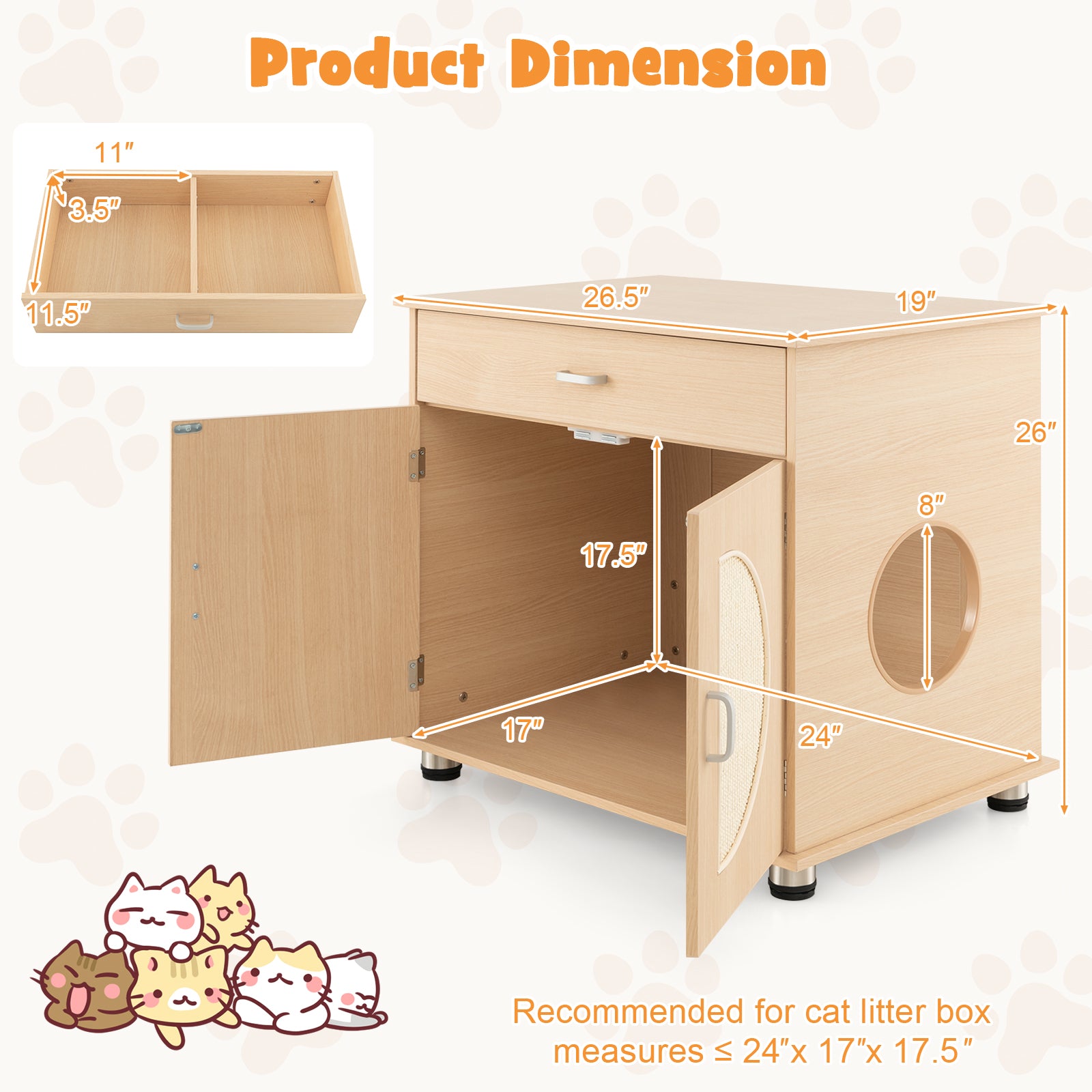 Cat Litter Box Enclosure with Sisal Scratching Doors and Storage Cat House - view 5