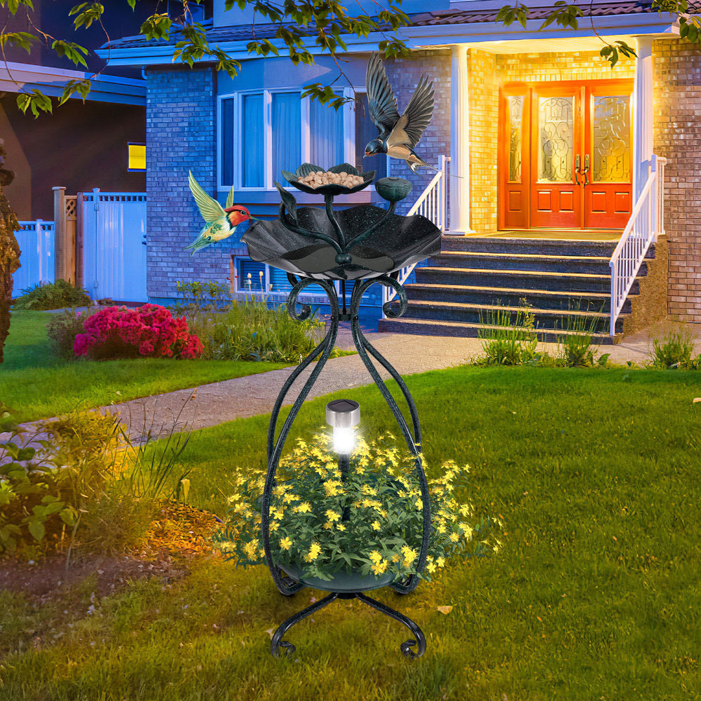 Solar Outdoor Bird Bath Feeder Combo with Flower Planter Pedestal and Solar - view 3