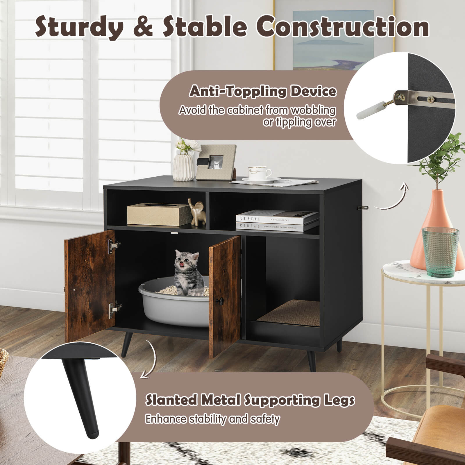 Cat Litter Box Enclosure with Storage Compartments and Pet Scratcher Cat House - view 7
