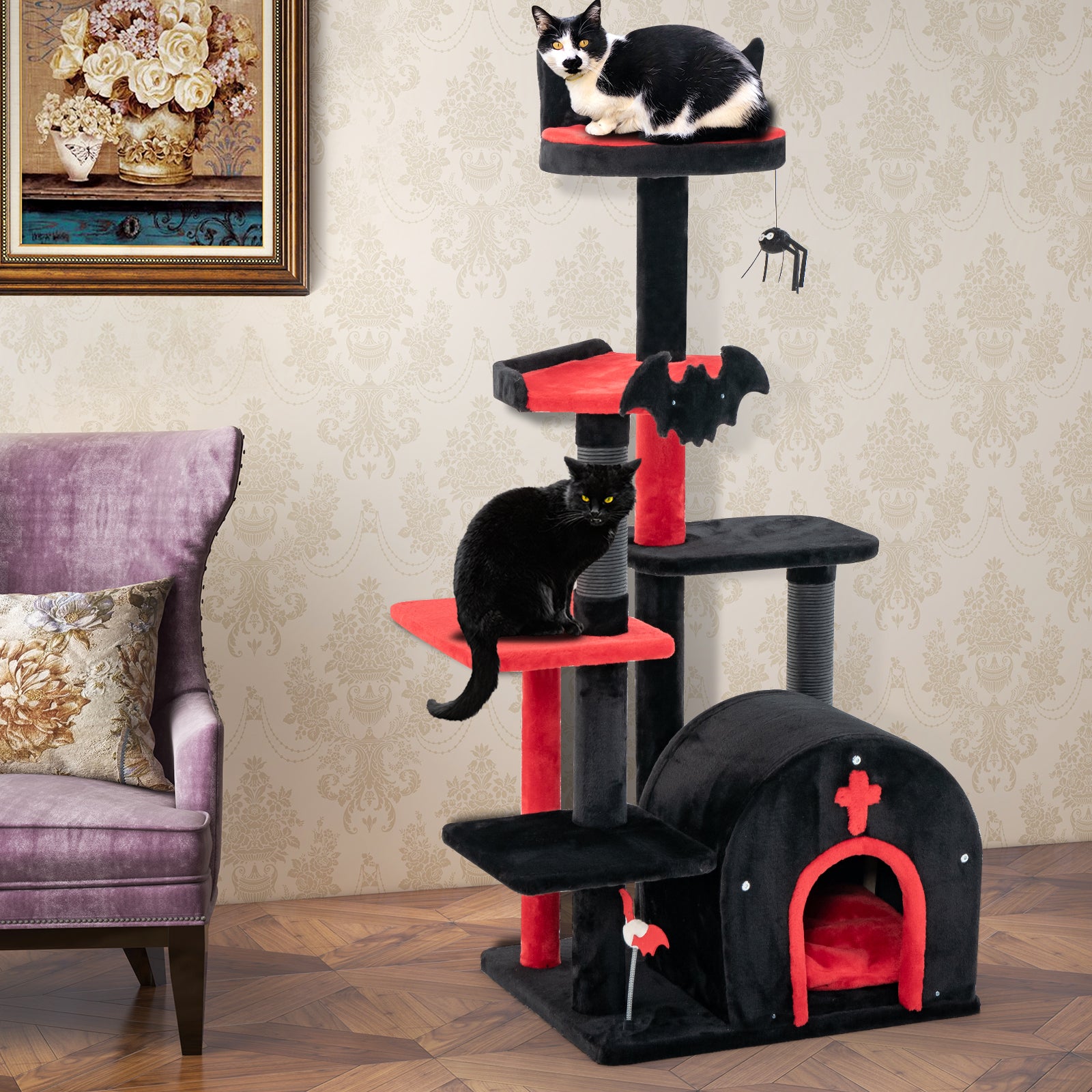 Gothic Cat Tree 53 Inch Tall Cat Tower with Cat Bed and Arch-Shaped Condo - view 6