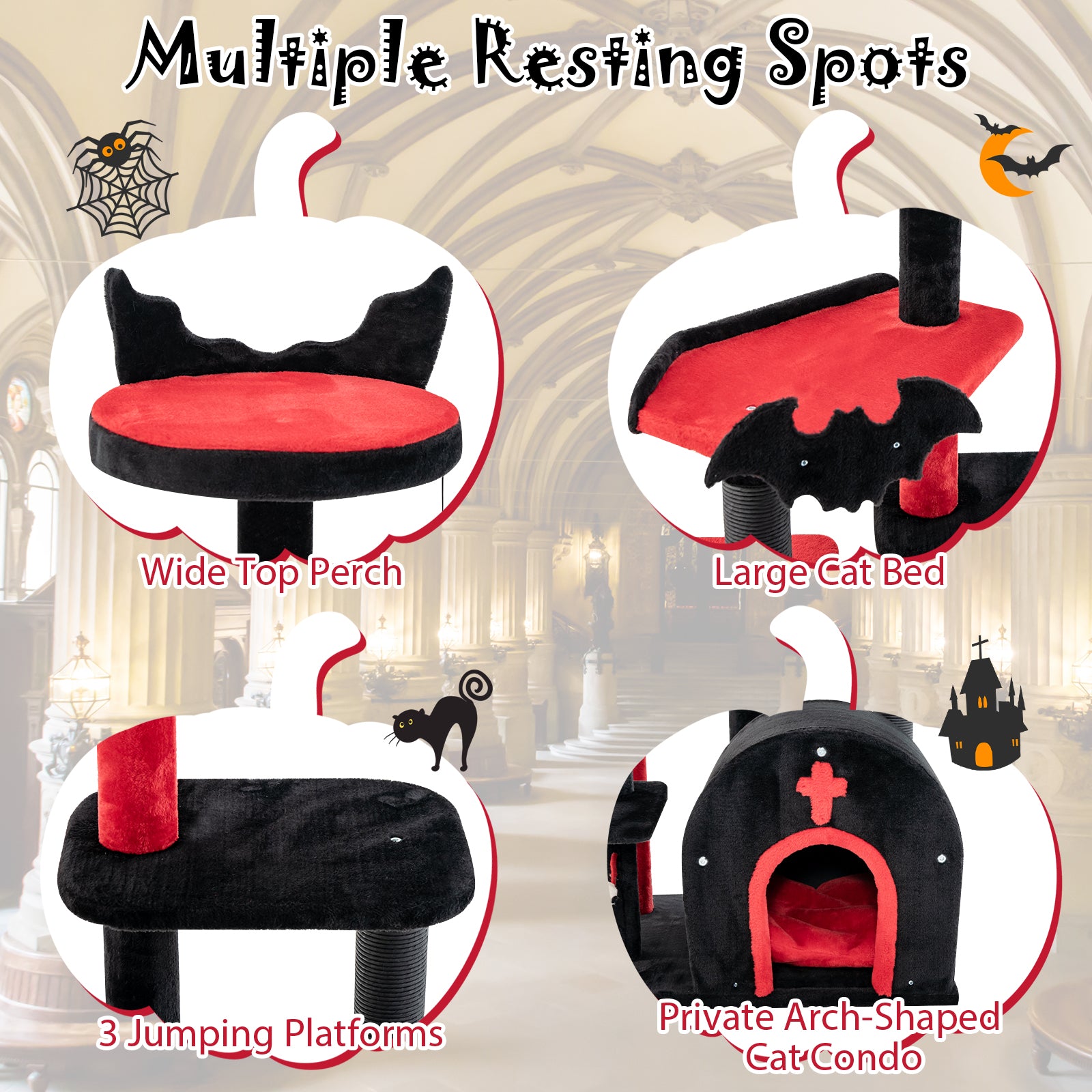 Gothic Cat Tree 53 Inch Tall Cat Tower with Cat Bed and Arch-Shaped Condo - view 7
