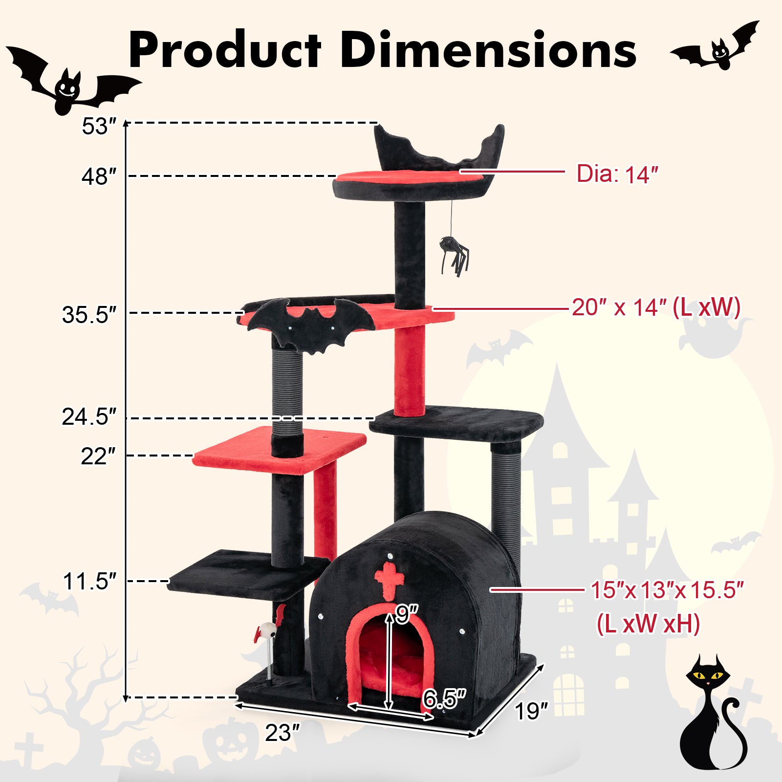 Gothic Cat Tree 53 Inch Tall Cat Tower with Cat Bed and Arch-Shaped Condo - view 5