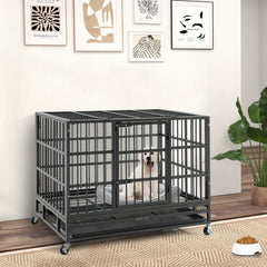 38 Inch Foldable Heavy-Duty Metal Dog Cage with Lockable Rolling Casters - view 3