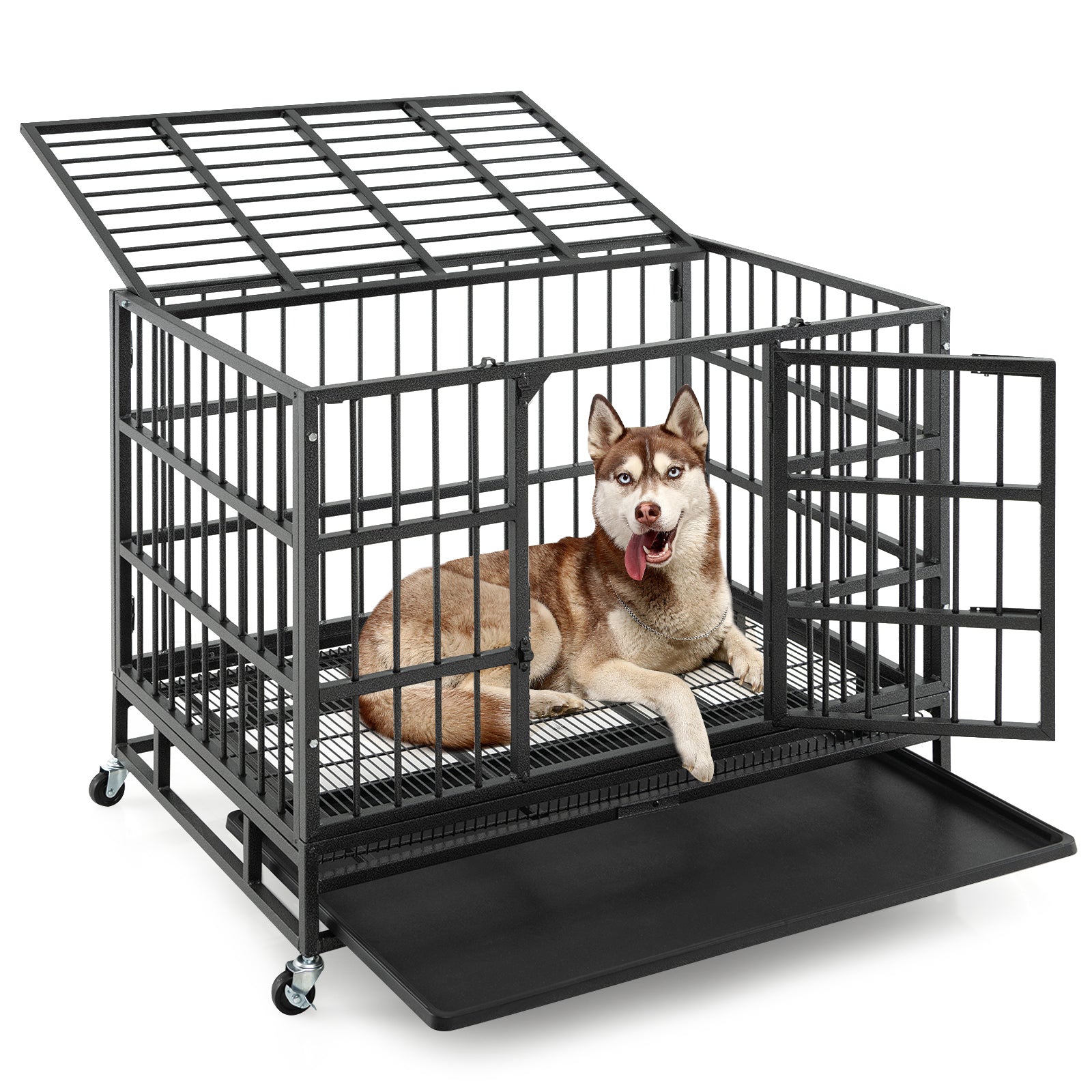 38 Inch Foldable Heavy-Duty Metal Dog Cage with Lockable Rolling Casters