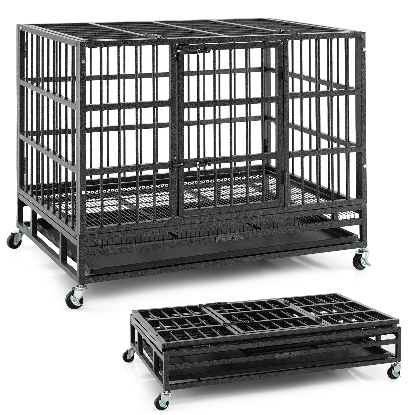 38 Inch Foldable Heavy-Duty Metal Dog Cage with Lockable Rolling Casters - view 4