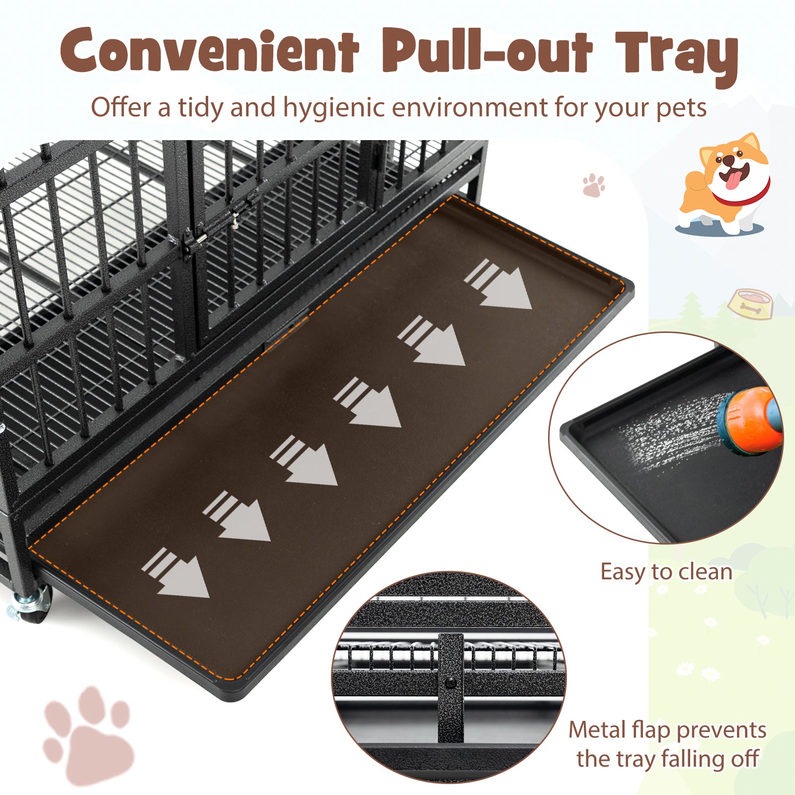 38 Inch Foldable Heavy-Duty Metal Dog Cage with Lockable Rolling Casters - view 7