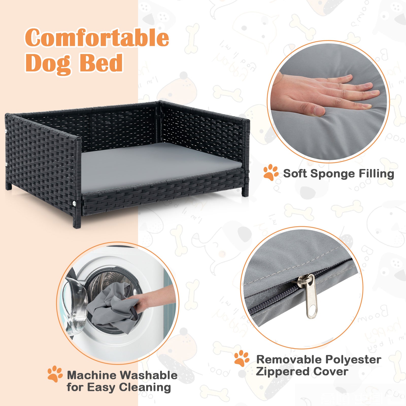 Rattan Dog Bed with Waterproof Soft Cushion for Medium Small Dogs Cats - view 7