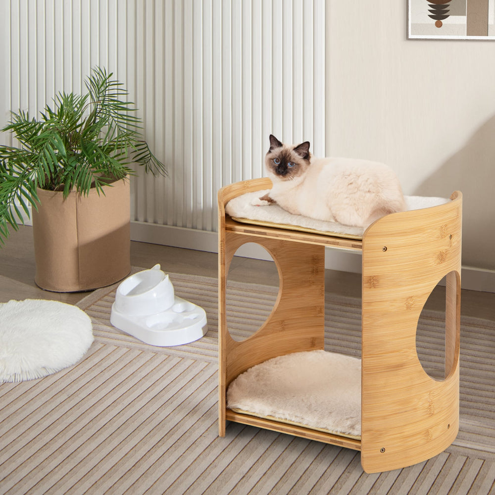 2-Tier Cute Small Cat Tree for Indoor Cats with Natural Bamboo Frame - view 2