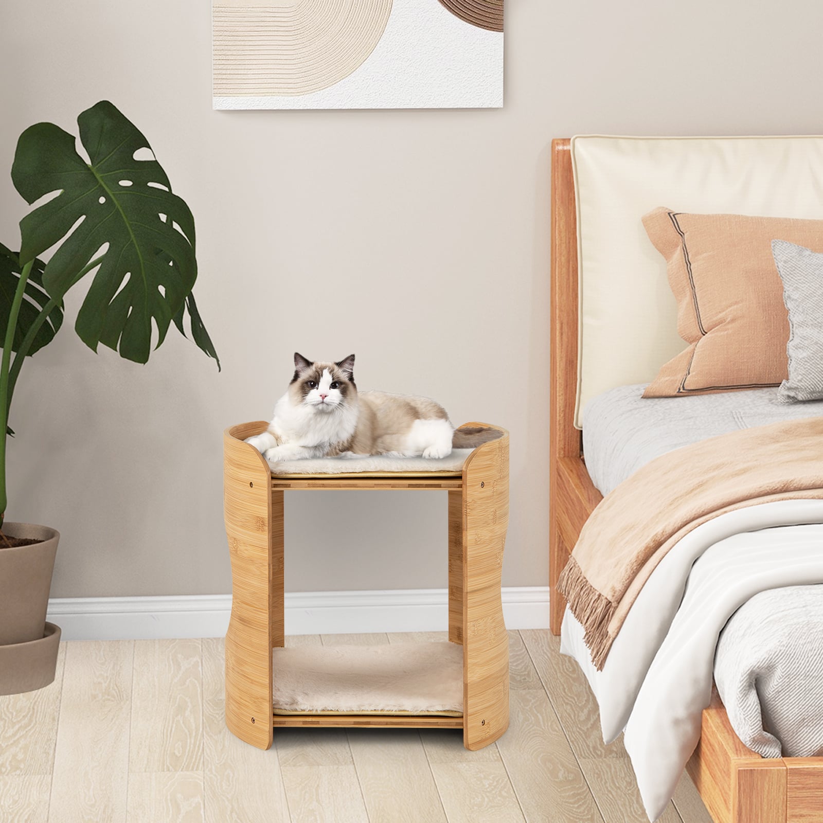 2-Tier Cute Small Cat Tree for Indoor Cats with Natural Bamboo Frame - view 3