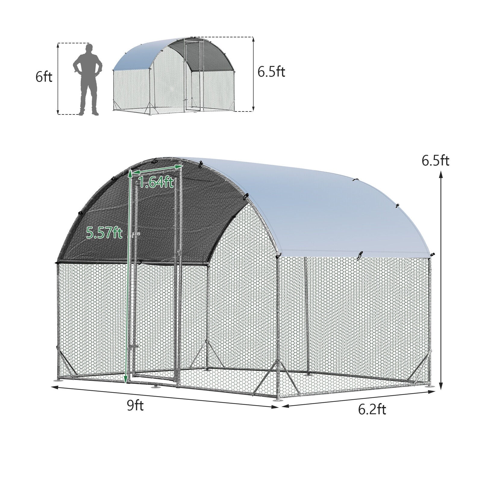 6.2 Feet/12.5 Feet/19 Feet Large Metal Chicken Coop Outdoor Galvanized Dome - view 5