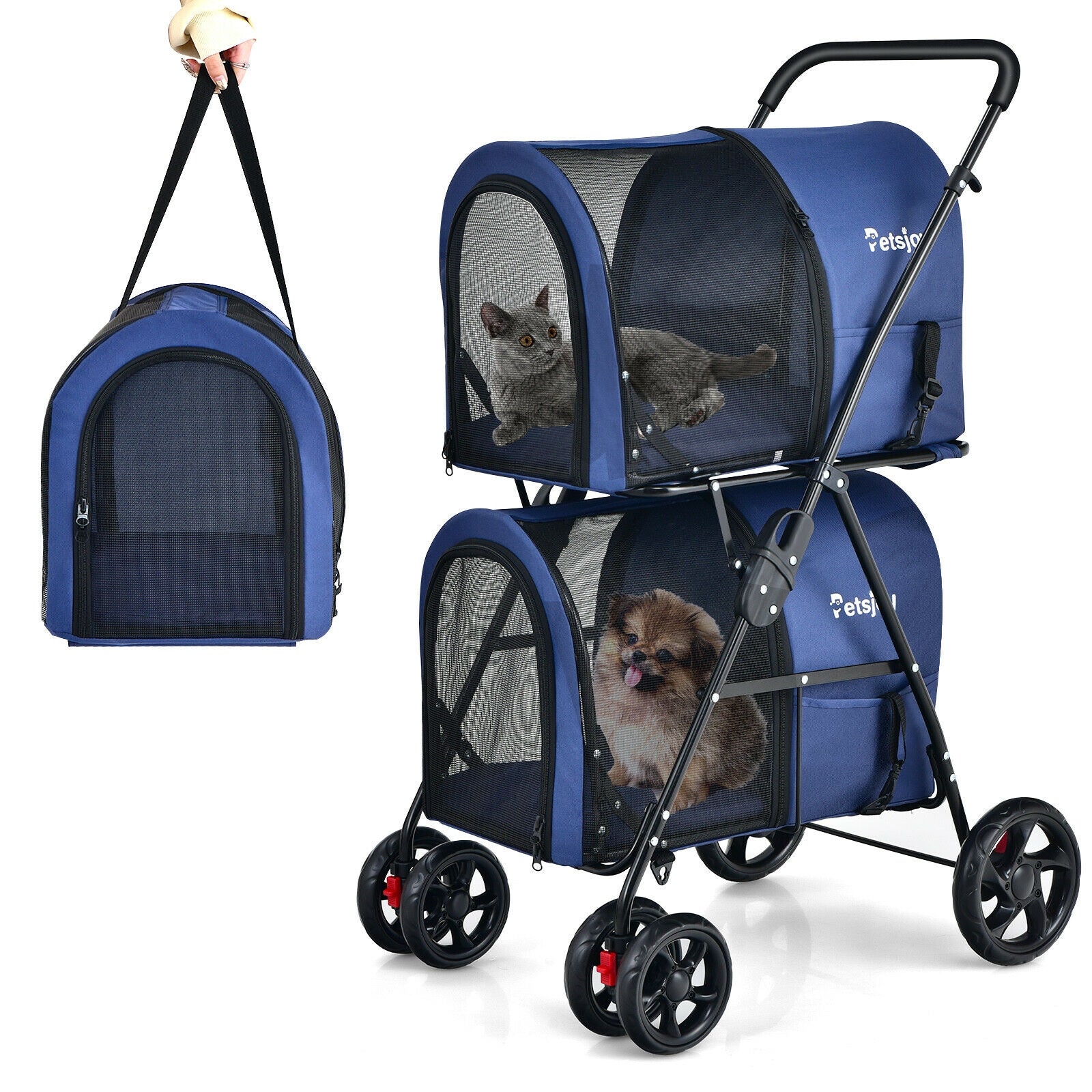 4-in-1 Double Pet Stroller with Detachable Carrier and Travel Carriage - view 4