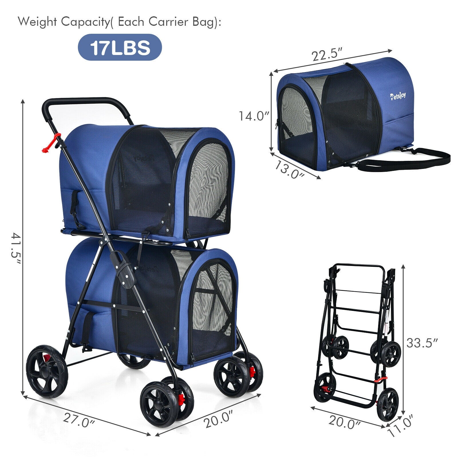 4-in-1 Double Pet Stroller with Detachable Carrier and Travel Carriage - view 5
