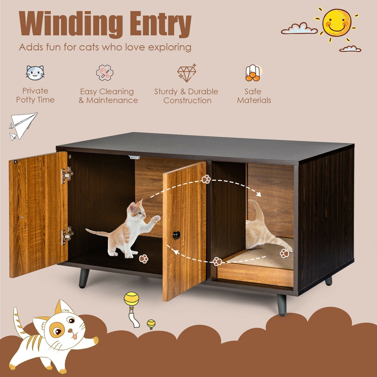 Cat Litter Box Enclosure with Divider and Double Doors Cat House - view 7