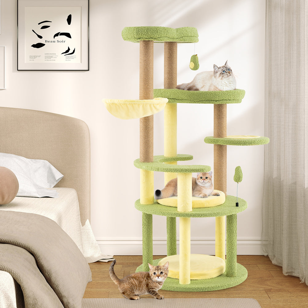 Multi-level Cat Tree Avocado Theme Cat Tower with Wide Perch Rotatable Basket - view 2