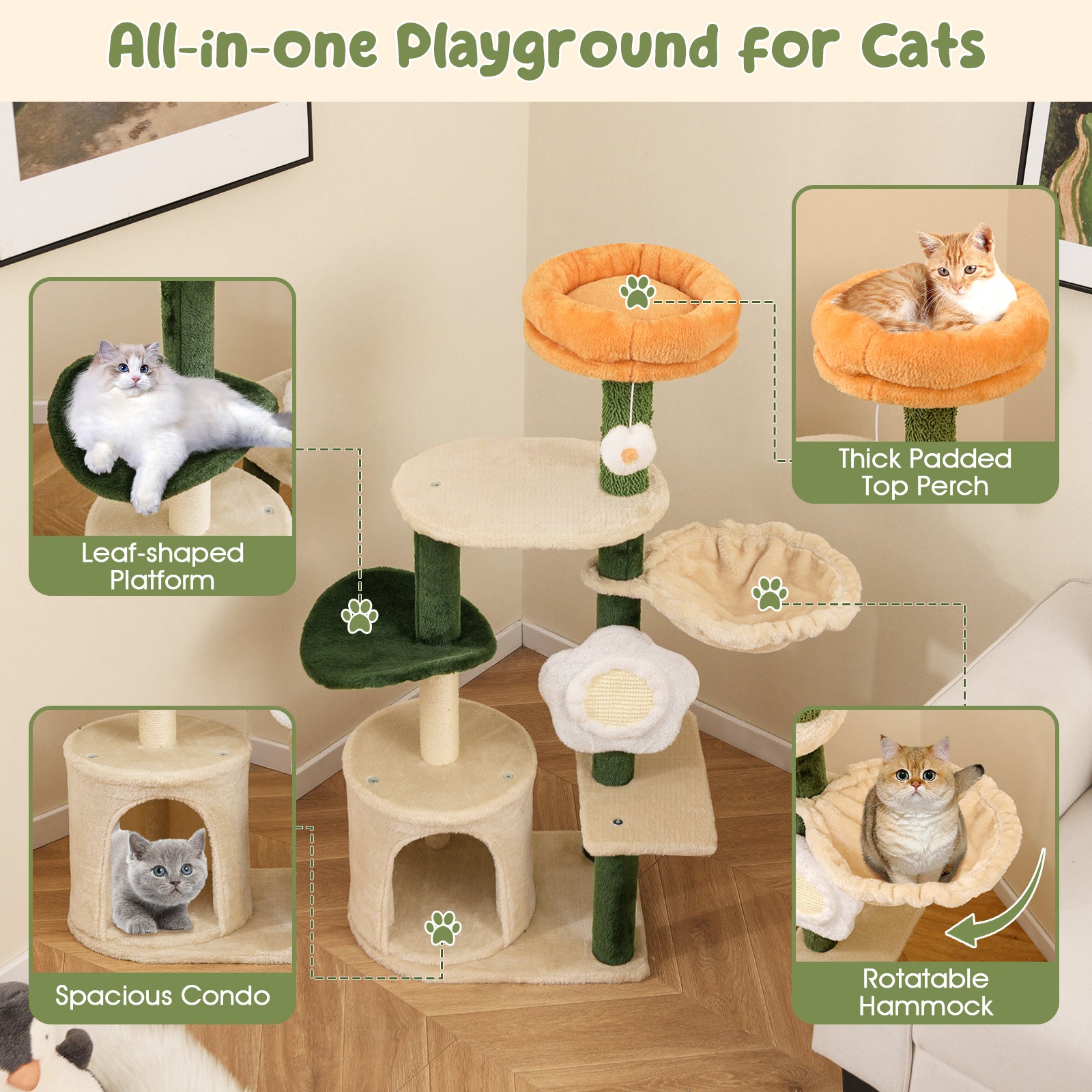 Cute Flower Cat Tree Modern Kitty Tower with Plush Top Perch - view 6