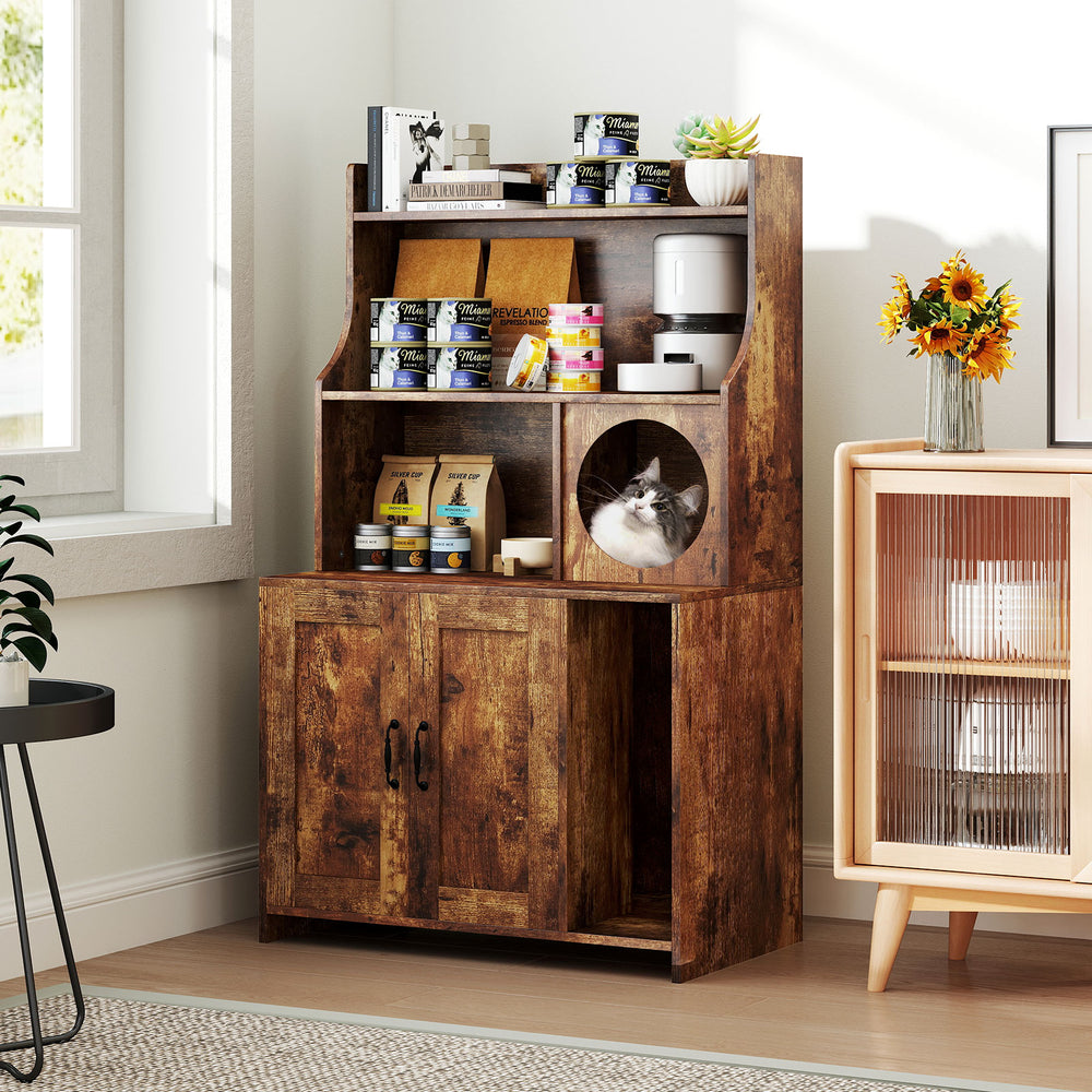 Modern Wooden Industrial Cat Litter Box Enclosure with Storage Shelves Cat House - view 2