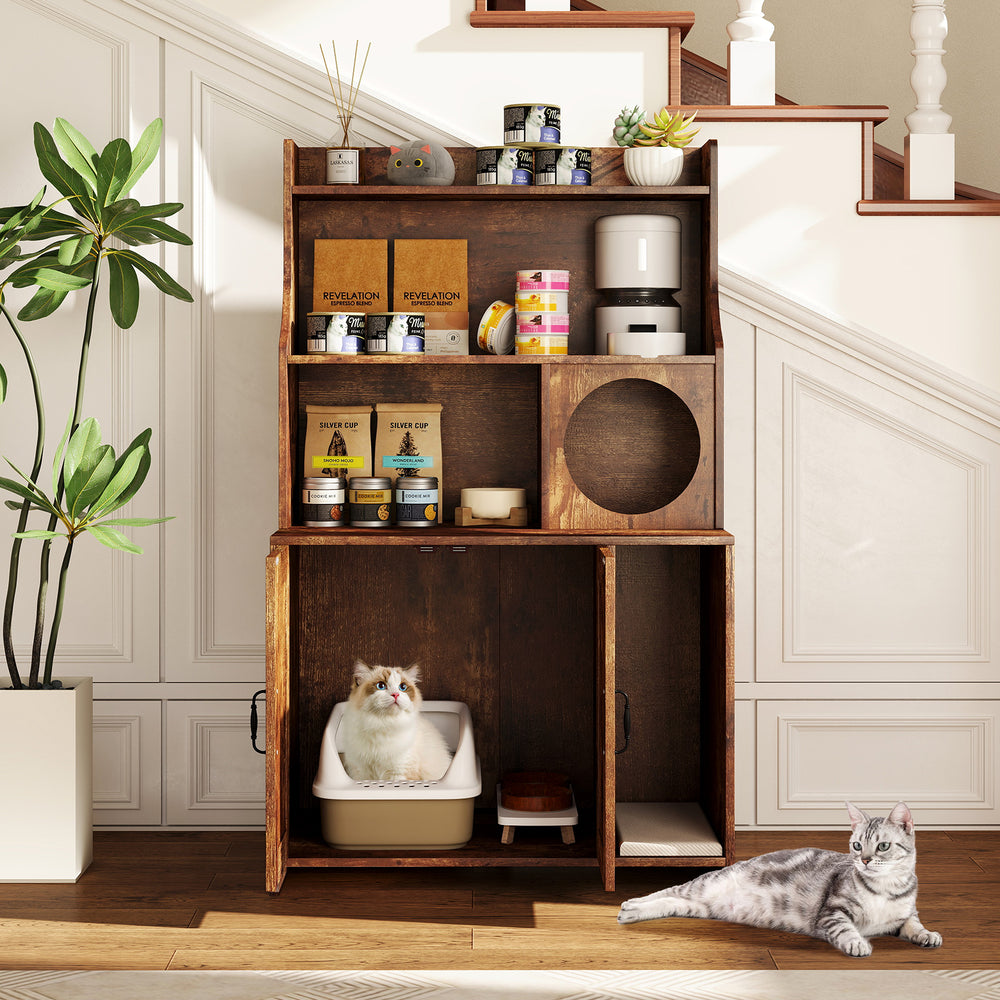 Modern Wooden Industrial Cat Litter Box Enclosure with Storage Shelves Cat House - view 3