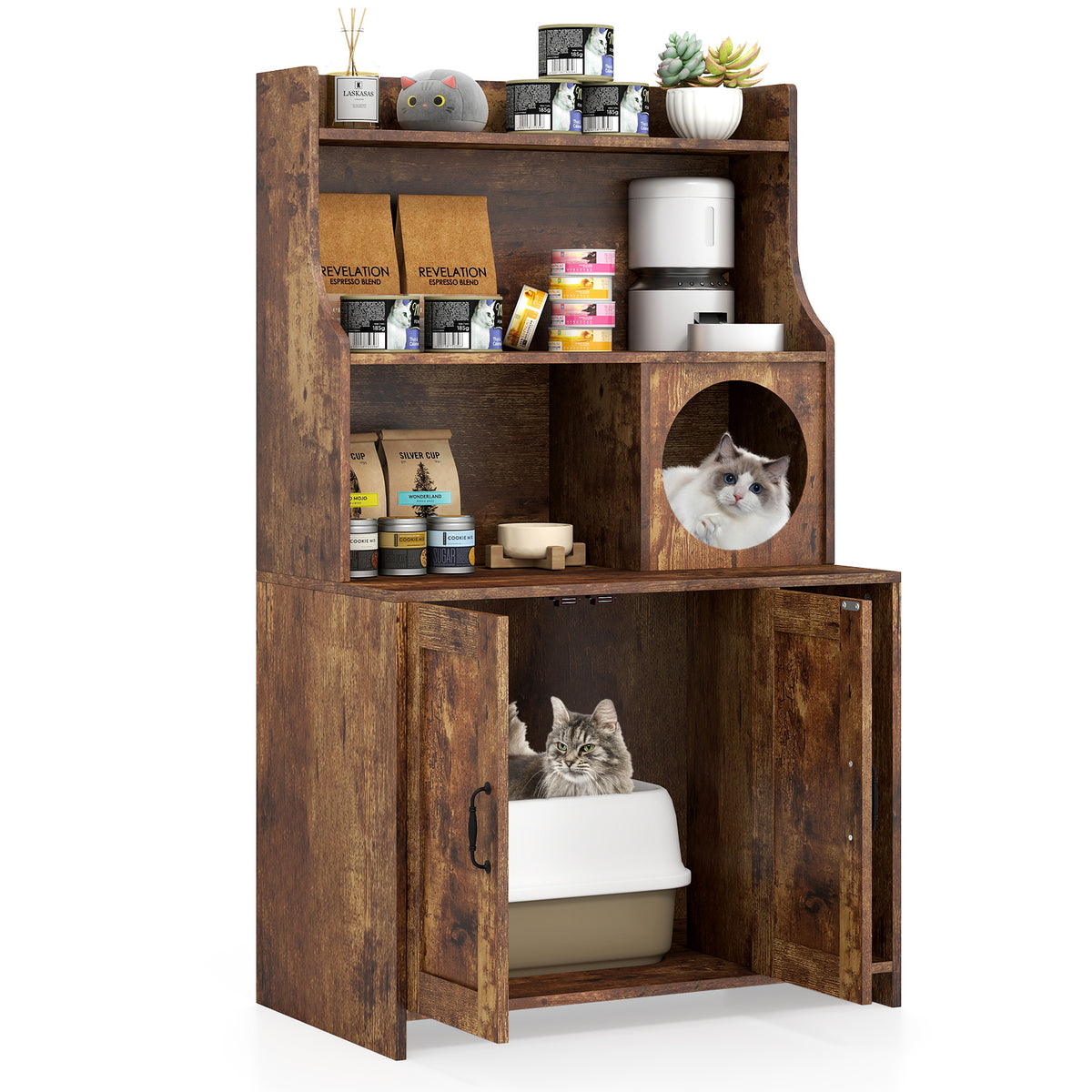 Modern Wooden Industrial Cat Litter Box Enclosure with Storage Shelves Cat House