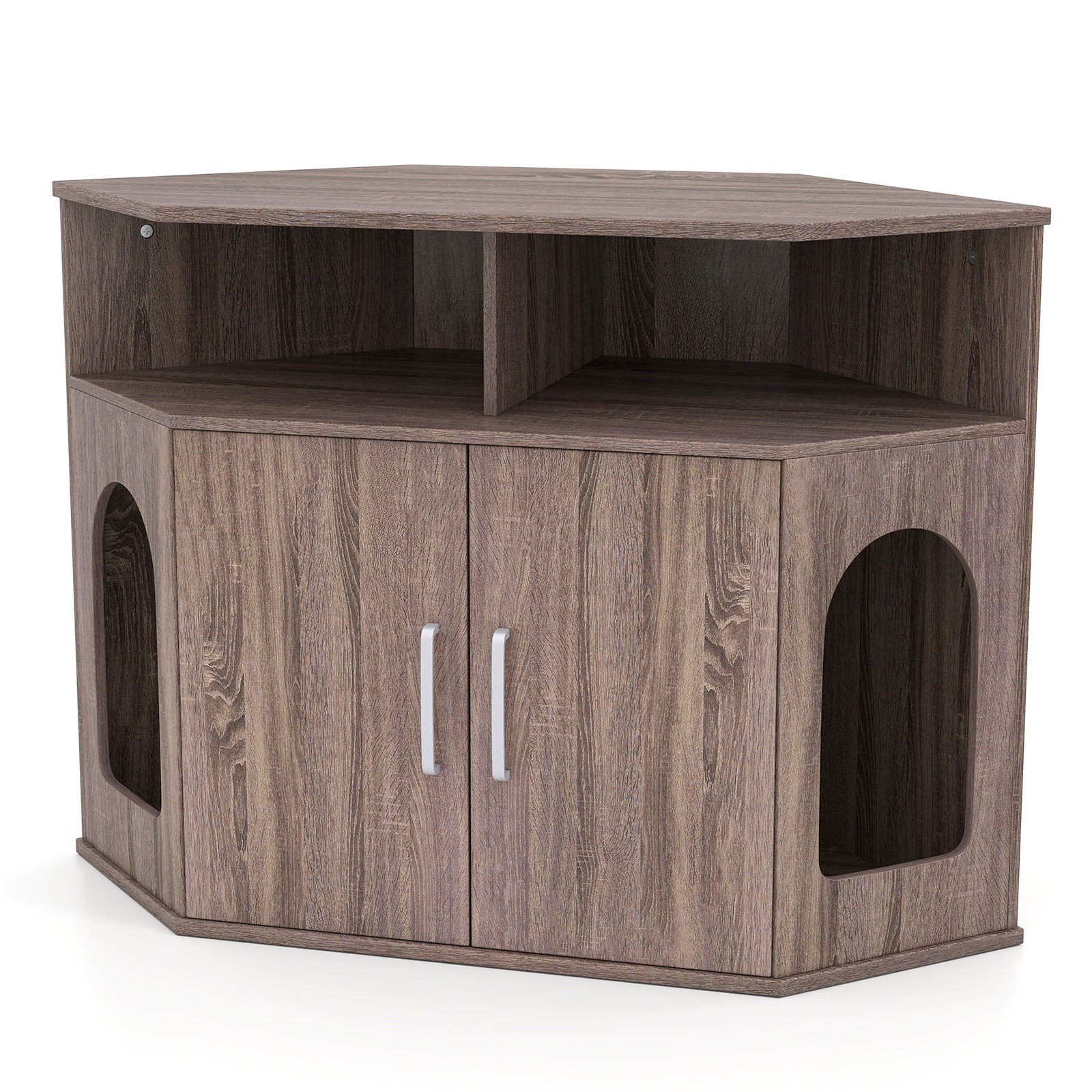 Corner Cat Litter Box Enclosure with Storage Shelves and Double Doors Cat House