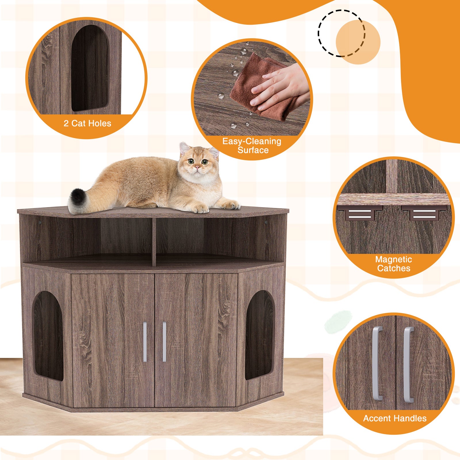 Corner Cat Litter Box Enclosure with Storage Shelves and Double Doors Cat House - view 7