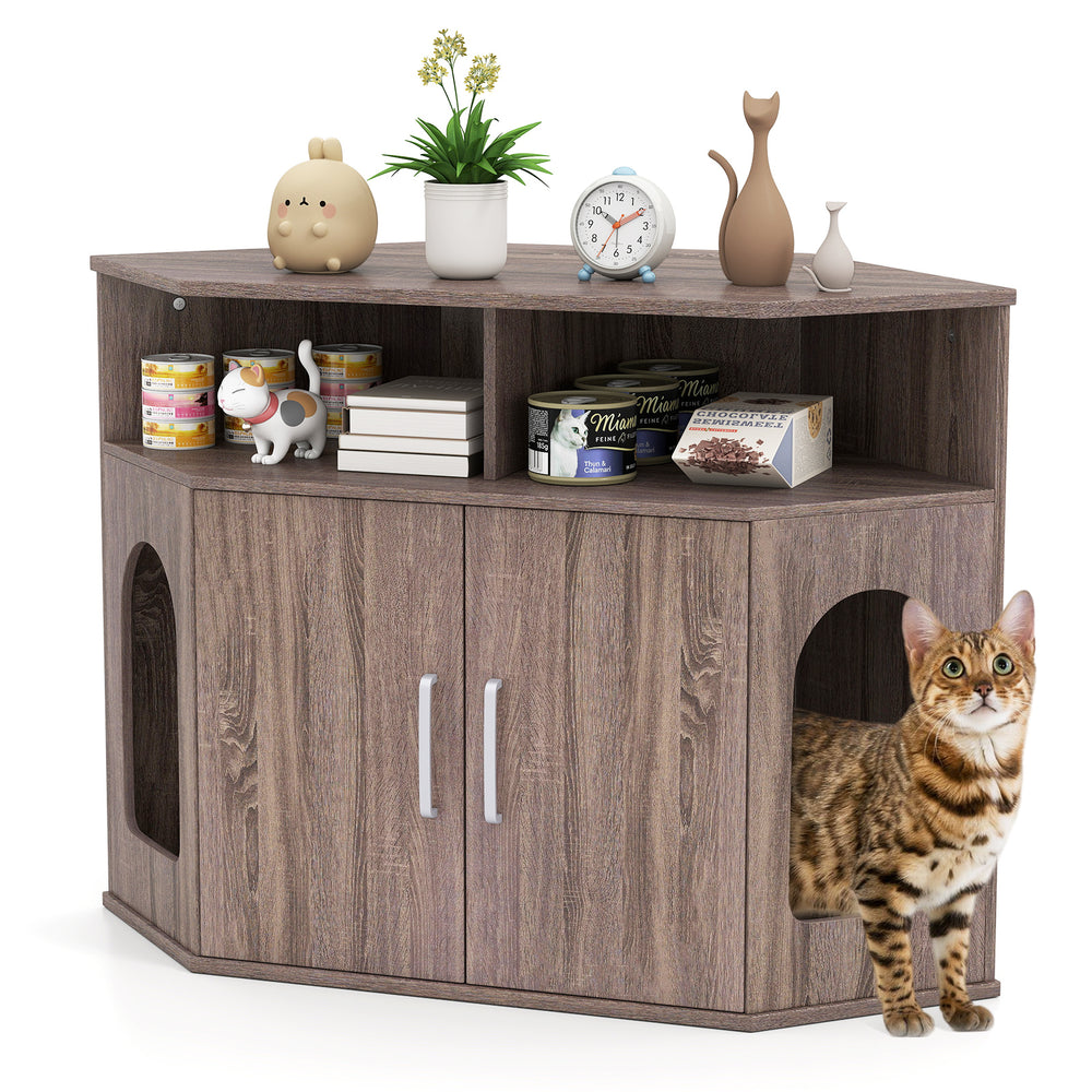 Corner Cat Litter Box Enclosure with Storage Shelves and Double Doors Cat House - view 4