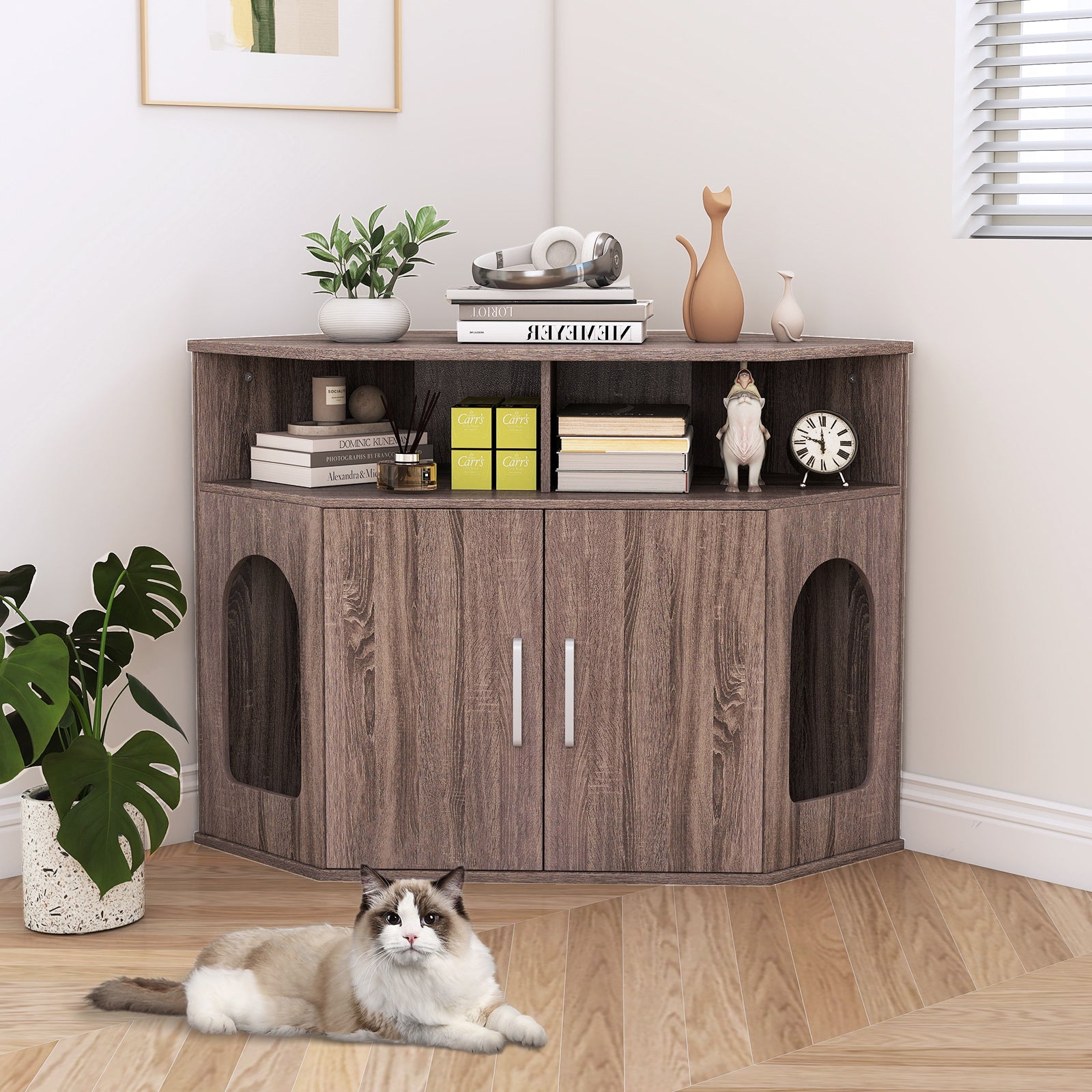 Corner Cat Litter Box Enclosure with Storage Shelves and Double Doors Cat House - view 3