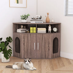 Corner Cat Litter Box Enclosure with Storage Shelves and Double Doors Cat House - view 3