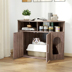 Corner Cat Litter Box Enclosure with Storage Shelves and Double Doors Cat House - view 2
