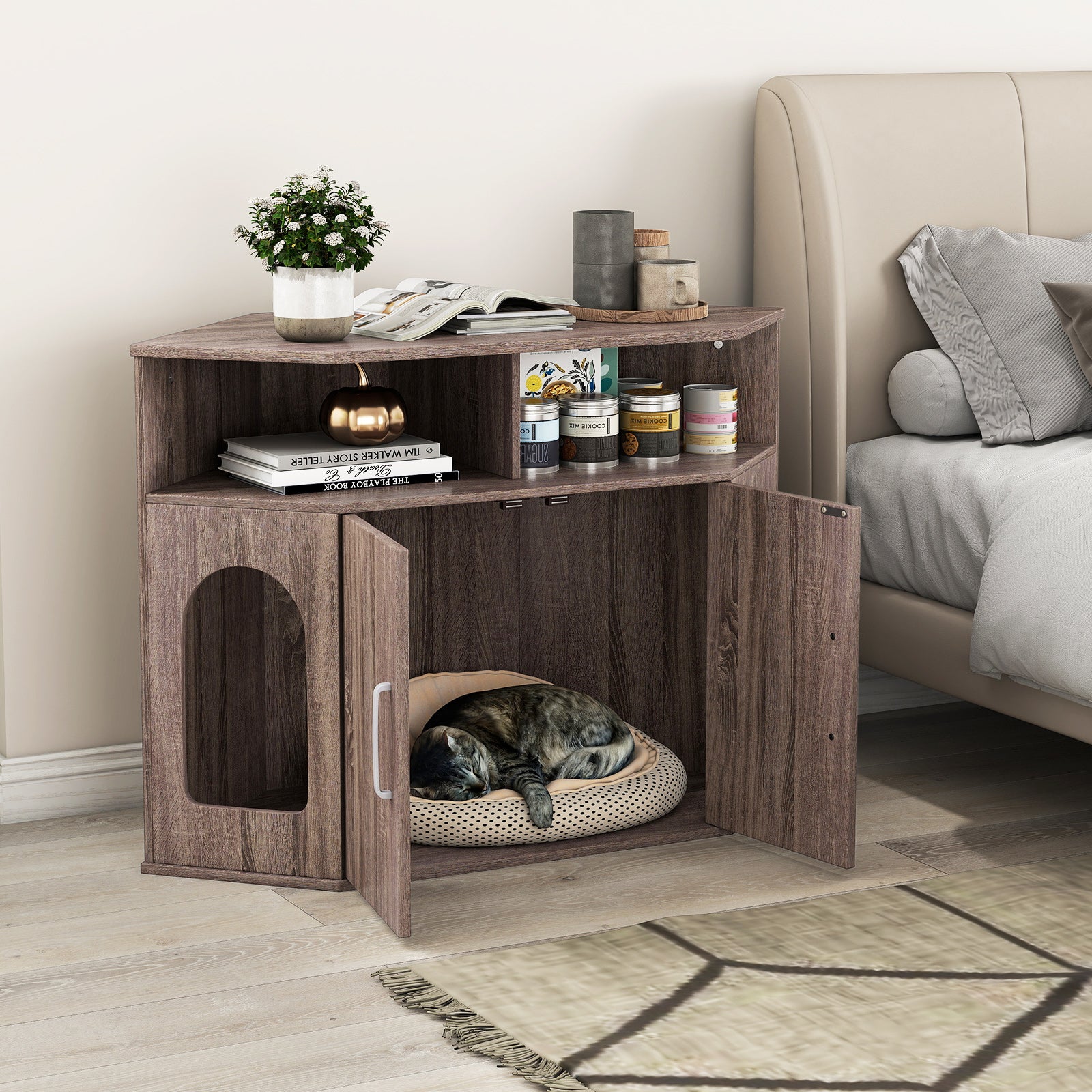 Corner Cat Litter Box Enclosure with Storage Shelves and Double Doors Cat House - view 6