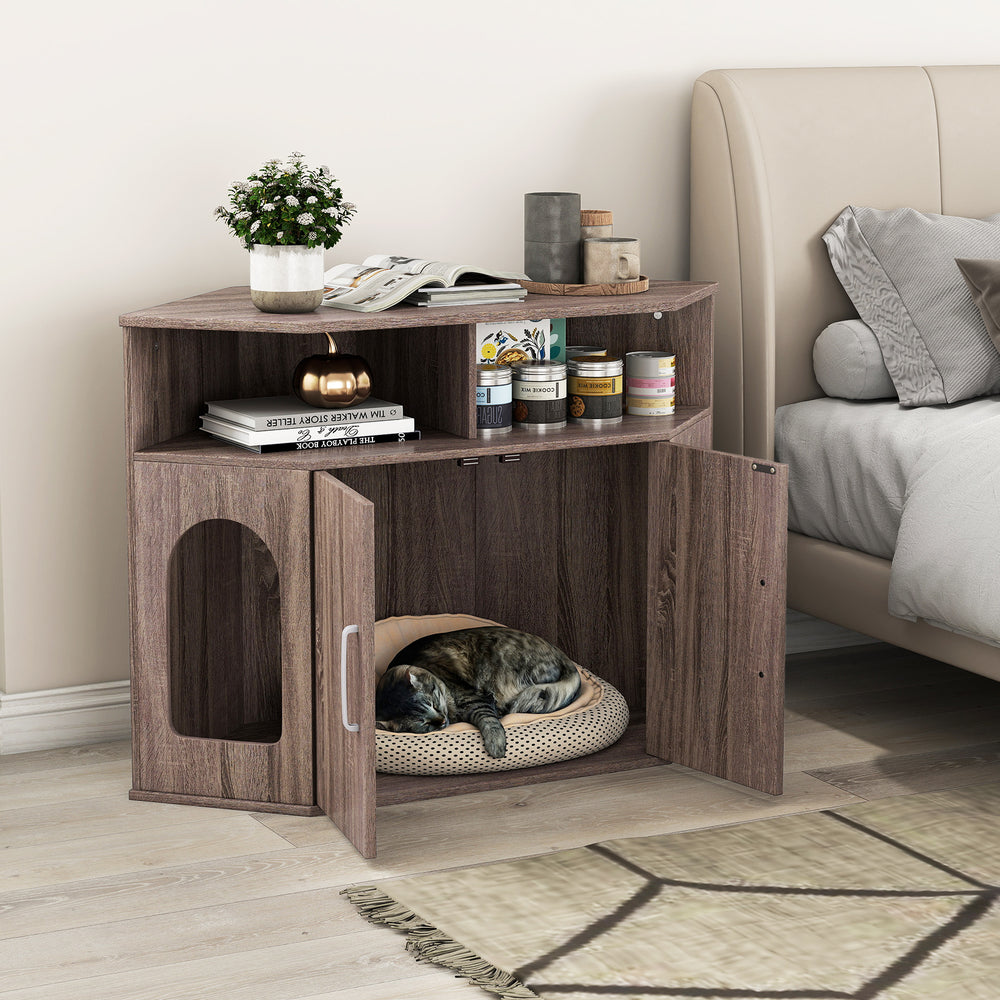 Corner Cat Litter Box Enclosure with Storage Shelves and Double Doors Cat House - view 6