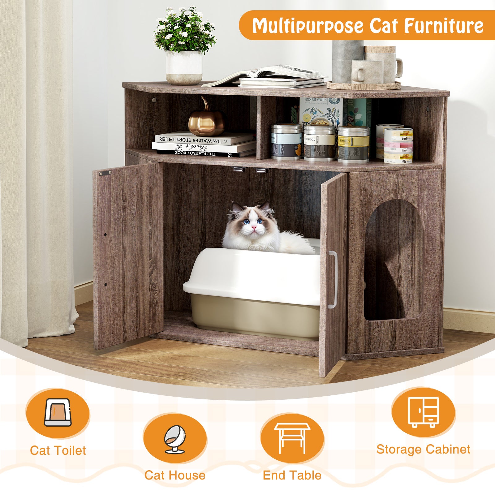 Corner Cat Litter Box Enclosure with Storage Shelves and Double Doors Cat House - view 8