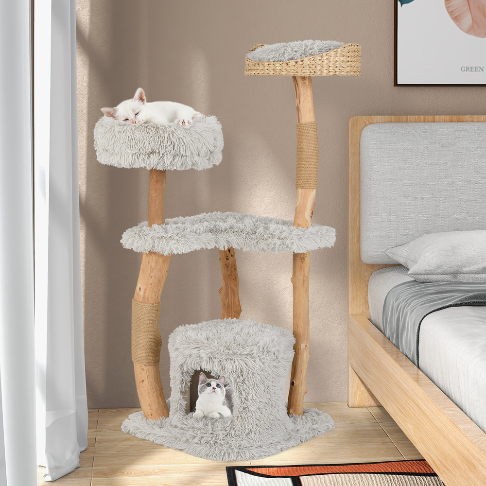 Solid Wood Cat Tower with Top Cattail Basket Cat Bed Cat Tree - view 3