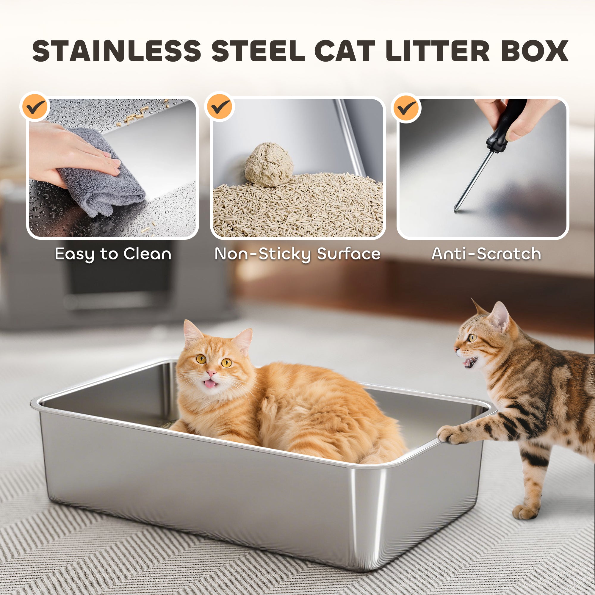 XL Stainless Steel Litter Box w/ 100 deg Flip Top, Scoop, Side Top Dual Entry - view 3