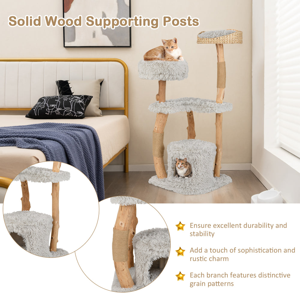 Solid Wood Cat Tower with Top Cattail Basket Cat Bed Cat Tree - view 6