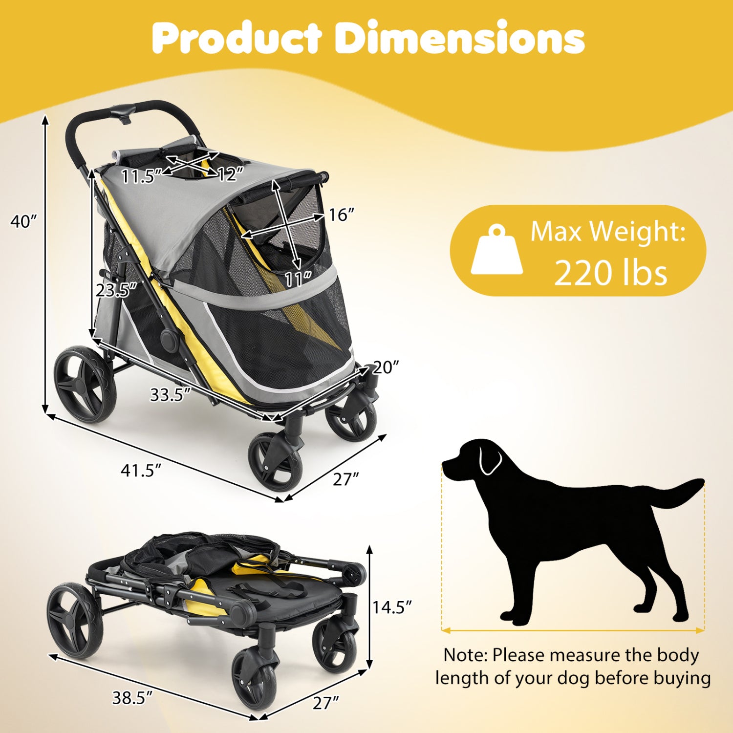 220 LBS Heavy Duty Dog Stroller for Large and Medium Dogs with One-Step Foot - view 4