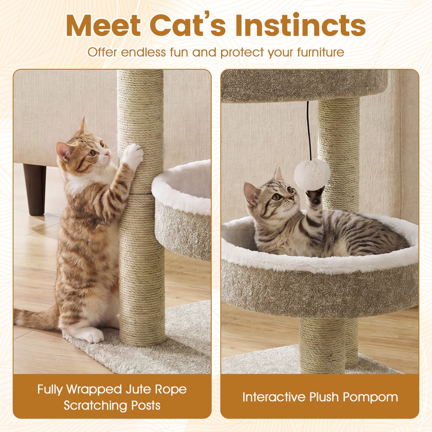 24" Cat Tower with 2 Plush Perches Scratching Posts and Dangling Ball Cat Tree - view 6