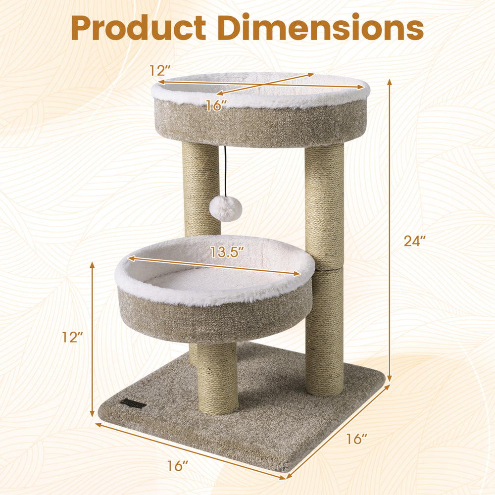 24" Cat Tower with 2 Plush Perches Scratching Posts and Dangling Ball Cat Tree - view 5