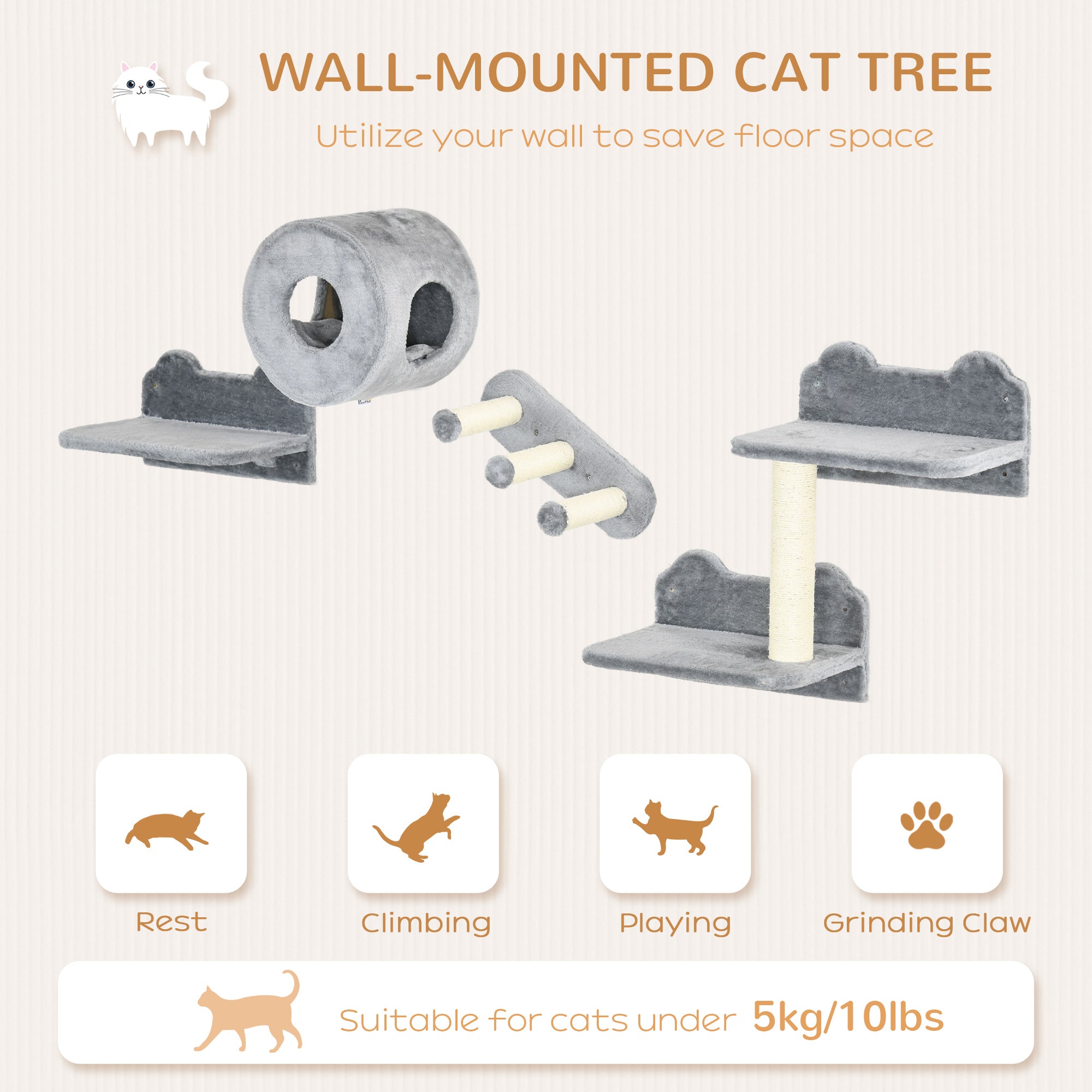 4 PCs 9.3" H Cat Wall Shelves, Pet Wall-mounted Climbing Shelf Set, Kitten - view 3
