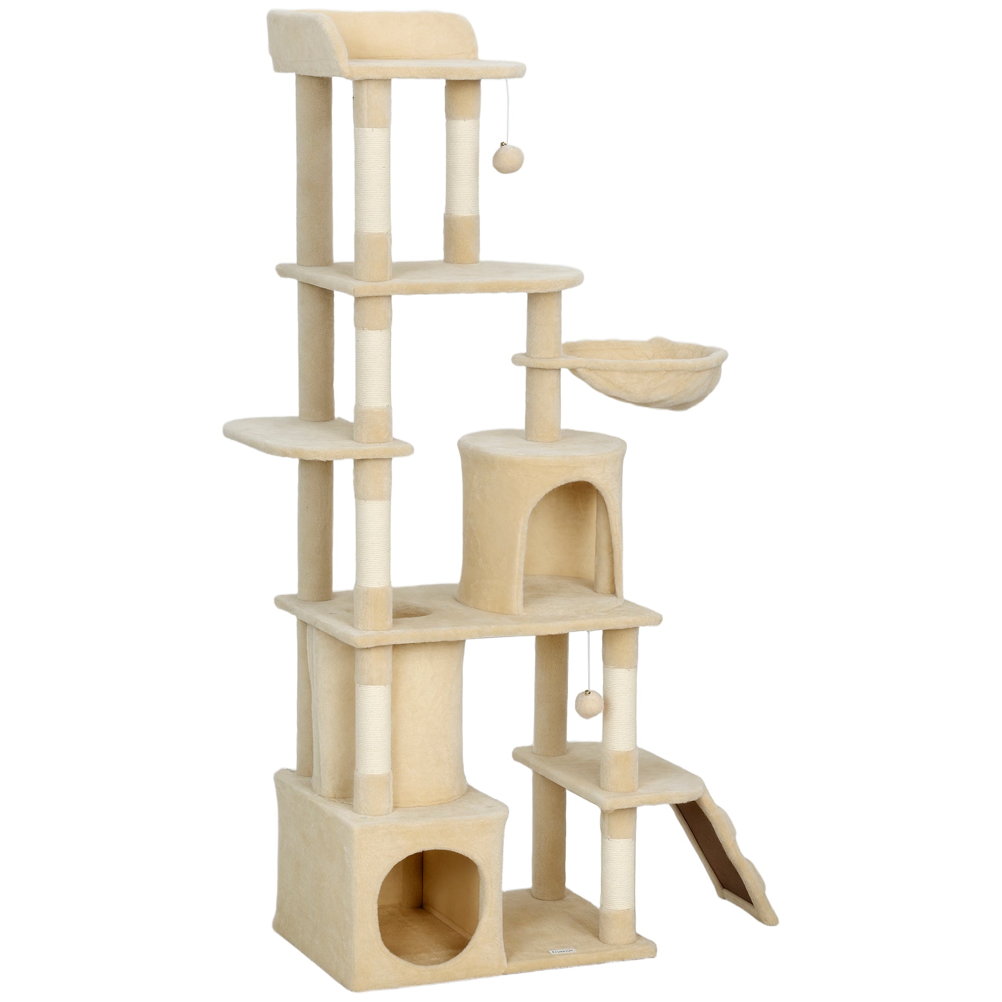 67" Large Cat Tree with 7 Scratching Posts, Tunnel, 2 Condos, Hammock, Perch