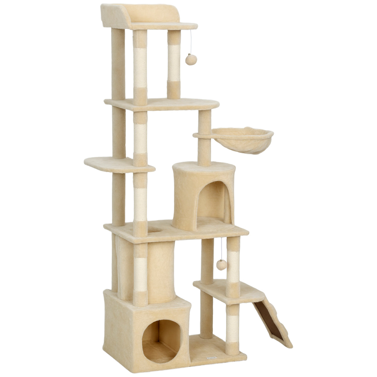 67" Large Cat Tree with 7 Scratching Posts, Tunnel, 2 Condos, Hammock, Perch