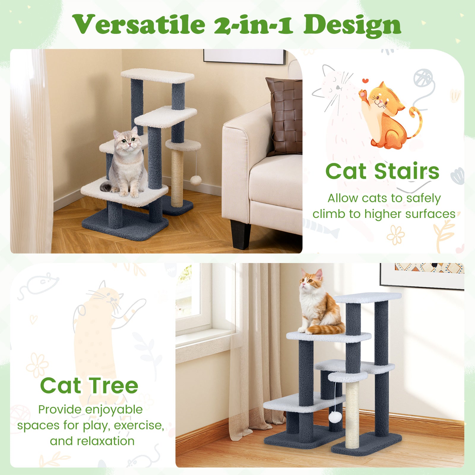 2-in-1 Cat Stairs Cat Tree Tower with Scratching Posts and Hanging Toy Ball - view 8