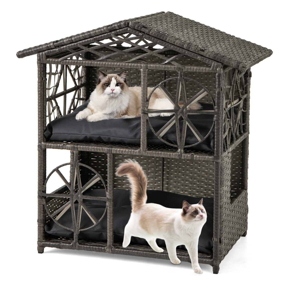 2-storey Wicker Cat House Rattan Kitten Condo Enclosure with Removable Cushions