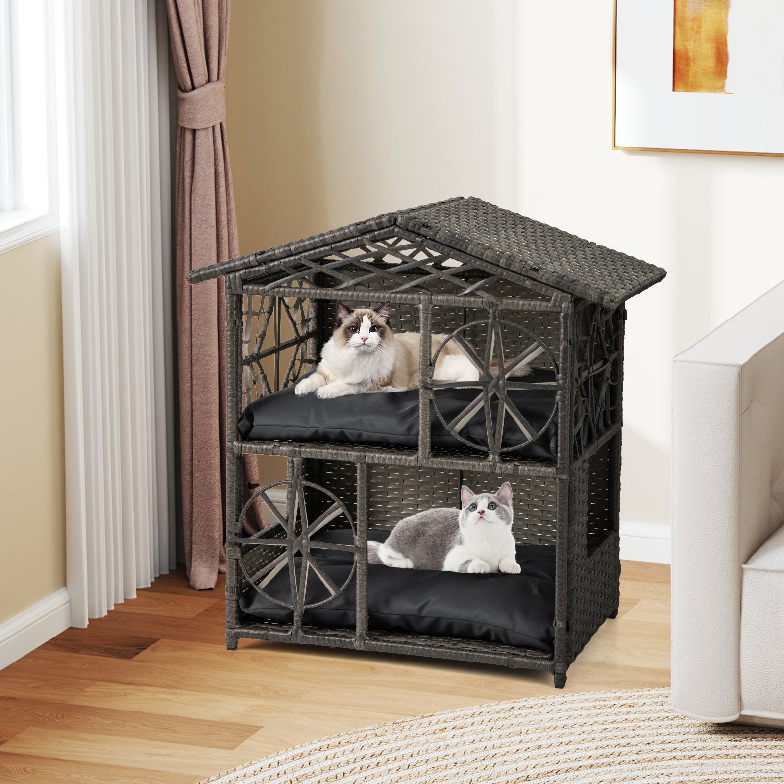 2-storey Wicker Cat House Rattan Kitten Condo Enclosure with Removable Cushions - view 2