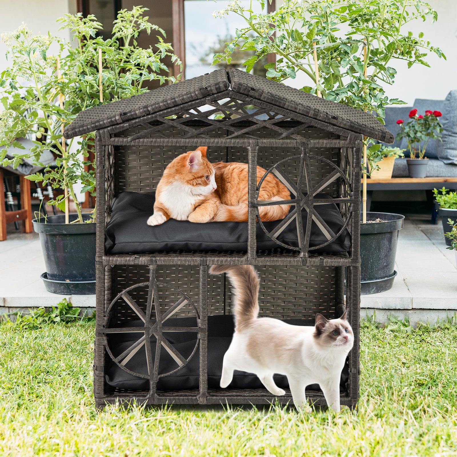 2-storey Wicker Cat House Rattan Kitten Condo Enclosure with Removable Cushions - view 5